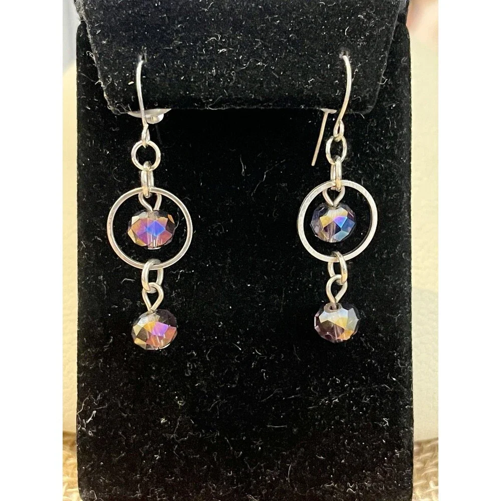 Iridescent Glass Teardrop Dangle Earrings Pierced Rainbow Aurora Borealis Fairy